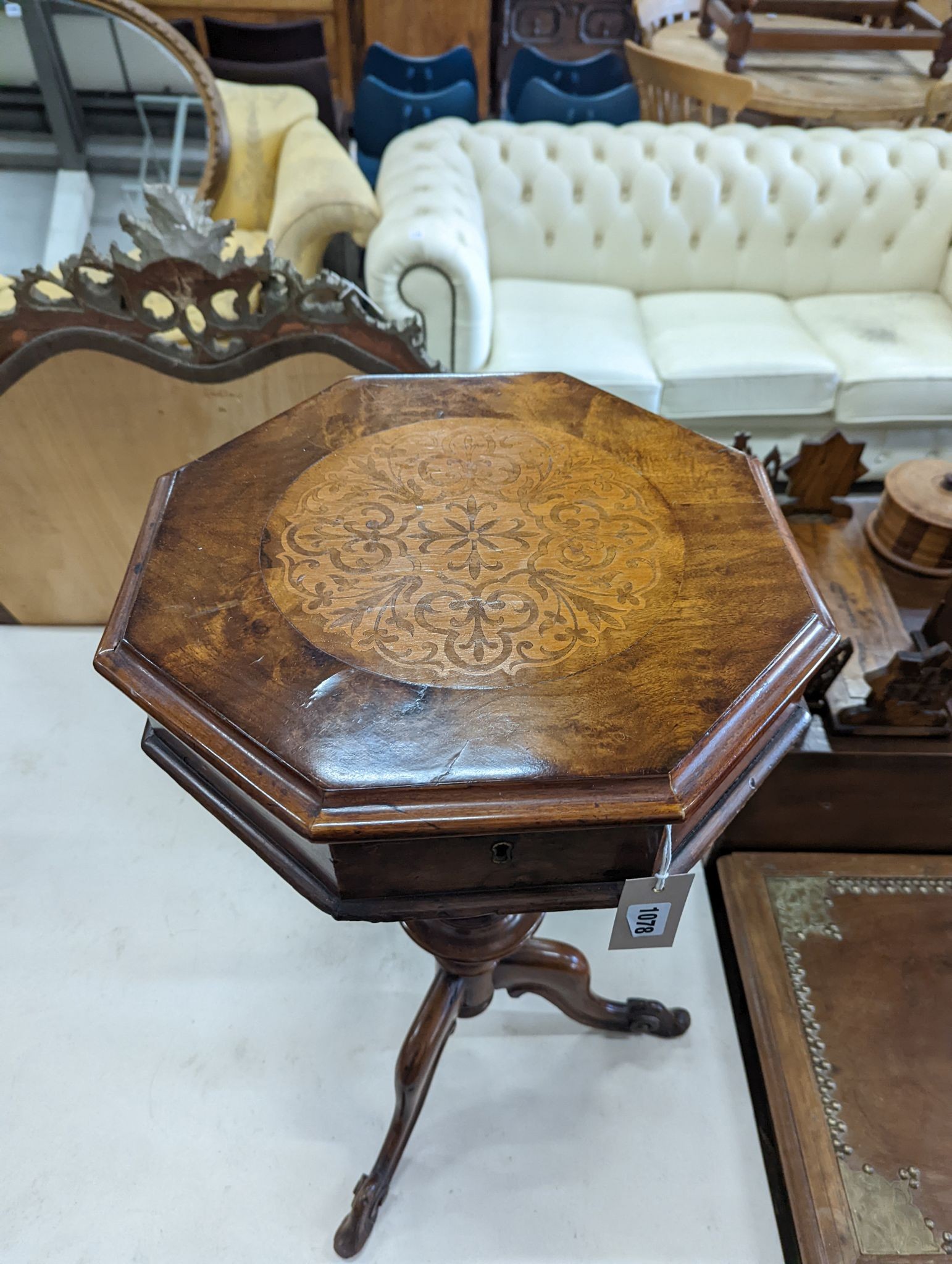 A Victorian marquetry inlaid walnut octagonal trumpet work box, width 41cm, height 74cm